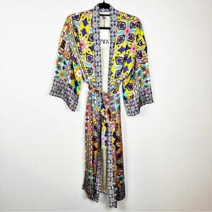 Zara Satiny Bold Abstract Print Colorful Robe Kimono Size Medium NWT